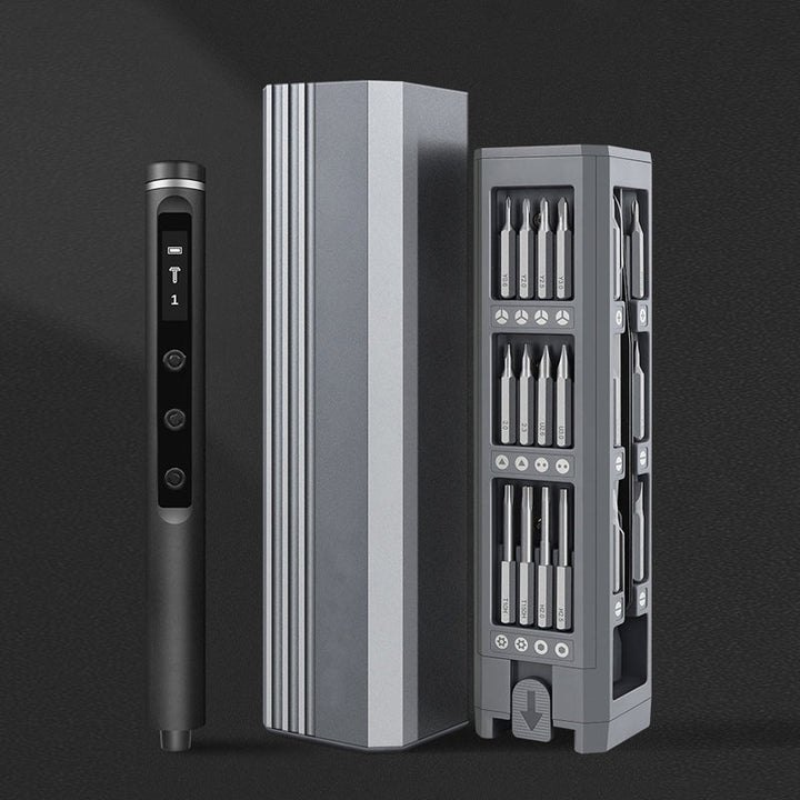 "Mini Skruvmejselsats med elektriska och manuella mejslar i metall, magnetiskt fodral och LED-belysning, perfekt för precisio