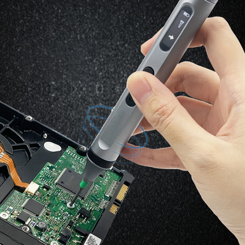 "Mini Skruvmejselsats med elektriska och manuella mejslar i metall, magnetiskt fodral och LED-belysning, perfekt för precisio