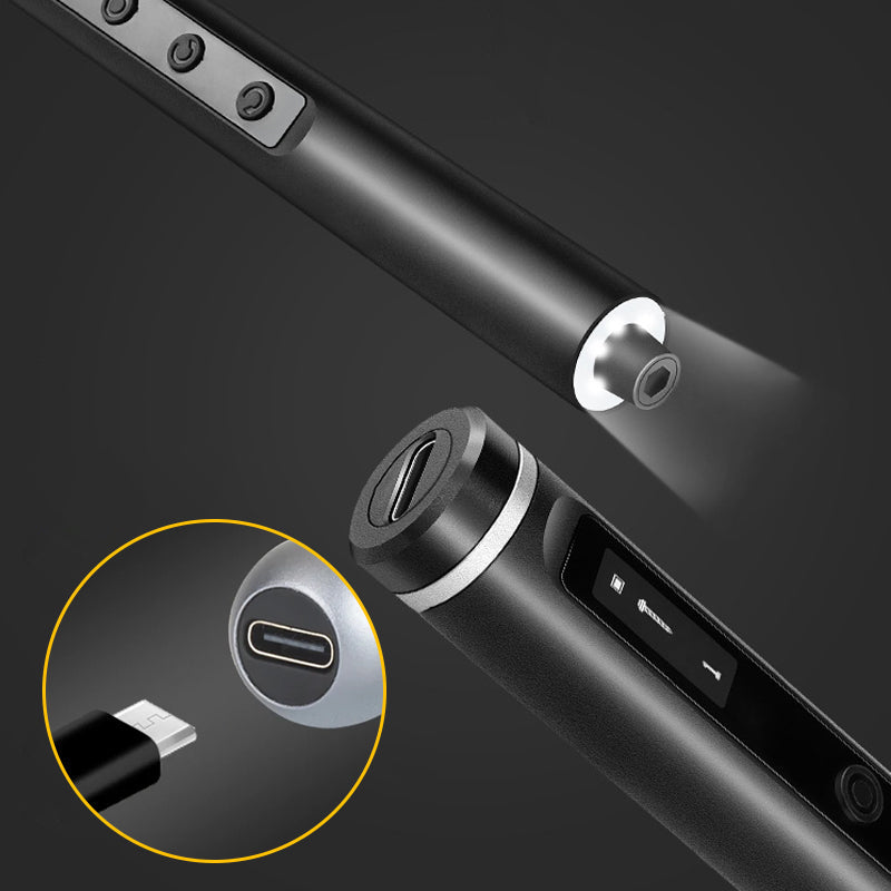 "Mini Skruvmejselsats med elektriska och manuella mejslar i metall, magnetiskt fodral och LED-belysning, perfekt för precisio