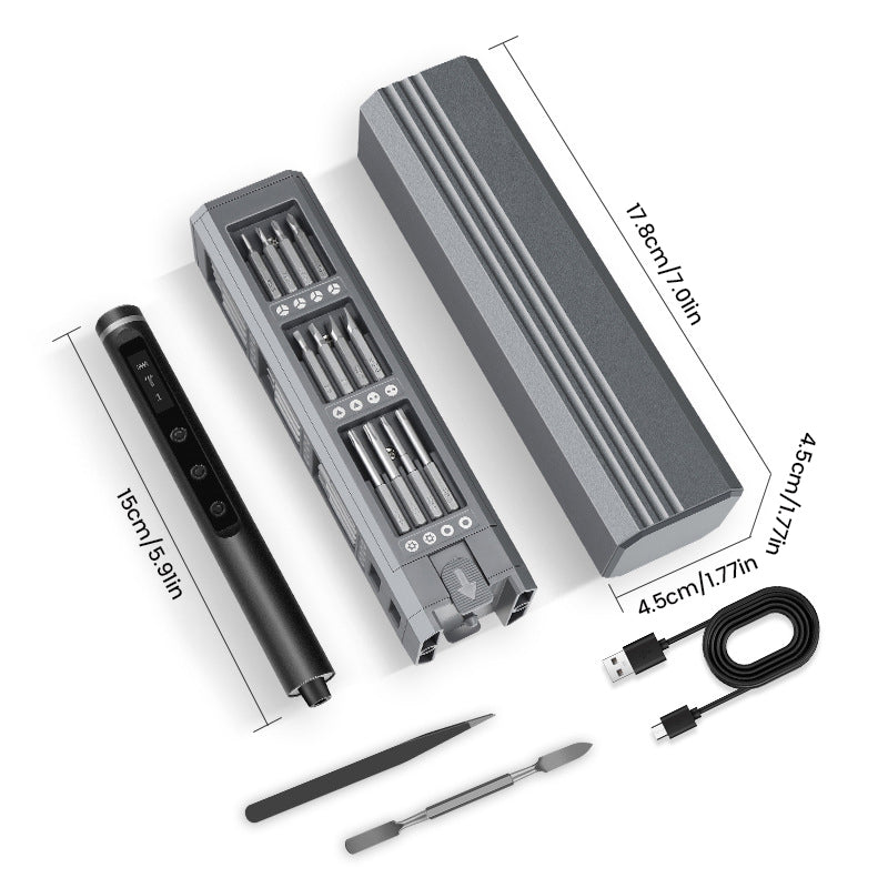 "Mini Skruvmejselsats med elektriska och manuella mejslar i metall, magnetiskt fodral och LED-belysning, perfekt för precisio