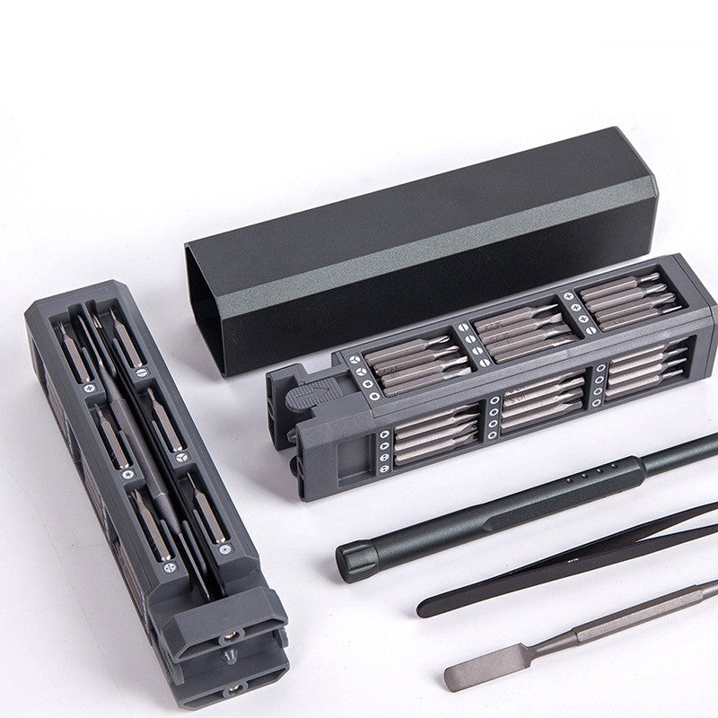 "Mini Skruvmejselsats med elektriska och manuella mejslar i metall, magnetiskt fodral och LED-belysning, perfekt för precisio