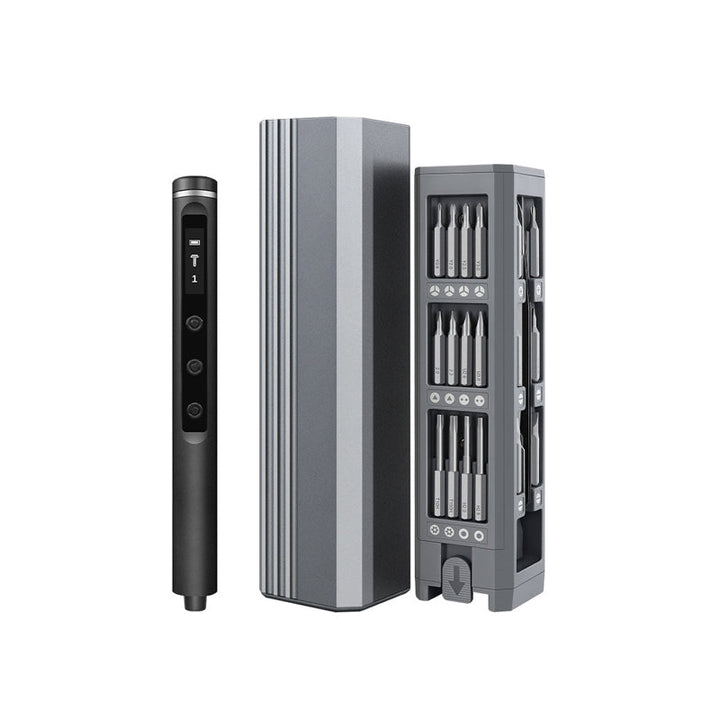 "Mini Skruvmejselsats med elektriska och manuella mejslar i metall, magnetiskt fodral och LED-belysning, perfekt för precisio