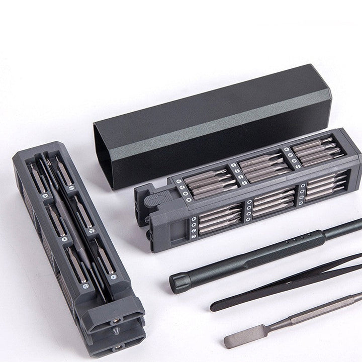 "Mini Skruvmejselsats med elektriska och manuella mejslar i metall, magnetiskt fodral och LED-belysning, perfekt för precisio