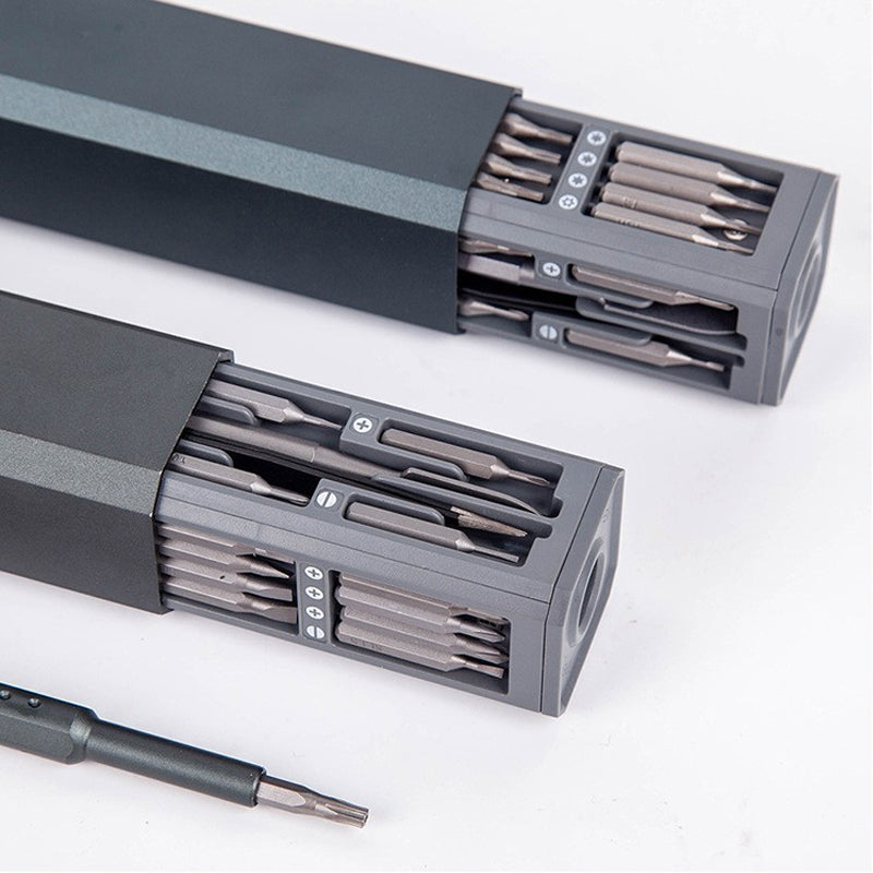 "Mini Skruvmejselsats med elektriska och manuella mejslar i metall, magnetiskt fodral och LED-belysning, perfekt för precisio