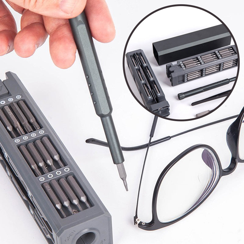 "Mini Skruvmejselsats med elektriska och manuella mejslar i metall, magnetiskt fodral och LED-belysning, perfekt för precisio