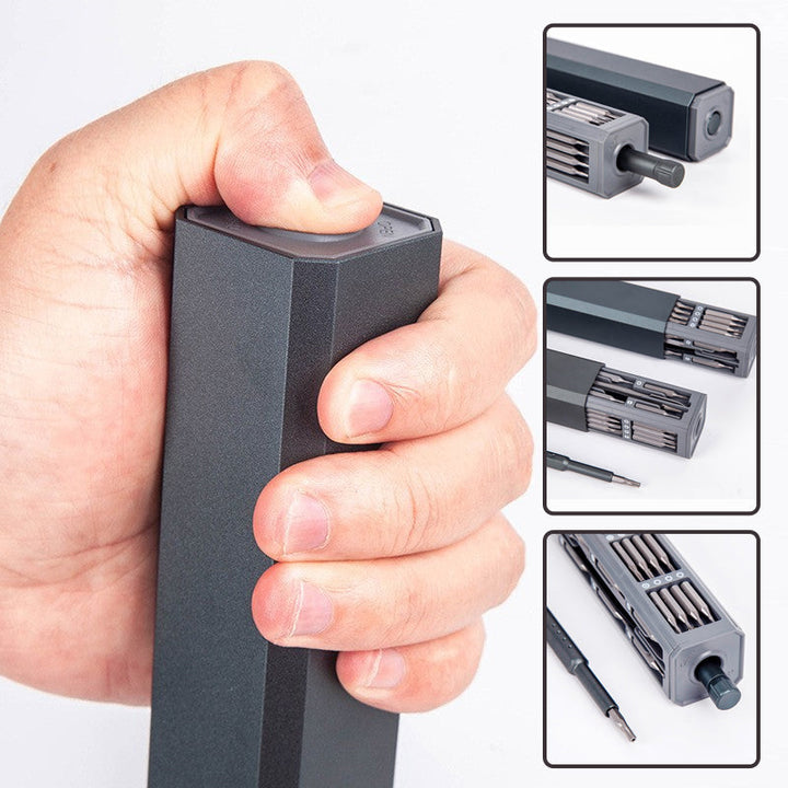 "Mini Skruvmejselsats med elektriska och manuella mejslar i metall, magnetiskt fodral och LED-belysning, perfekt för precisio