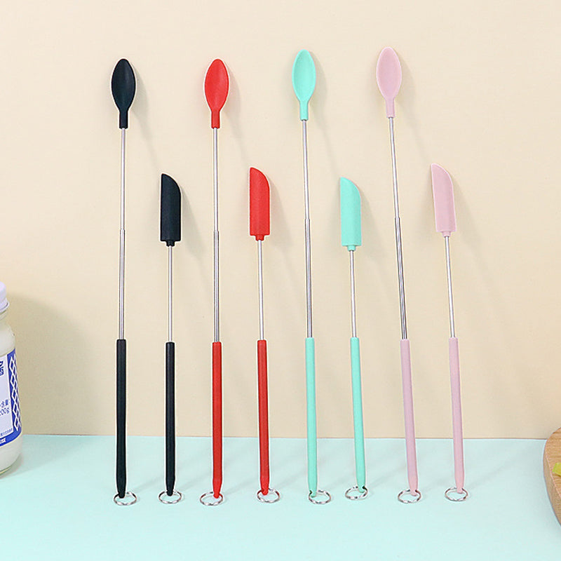"Mini teleskopisk silikonspatel för kök, justerbar längd, ergonomiskt handtag, silikon och rostfritt stål, flerfärgad."