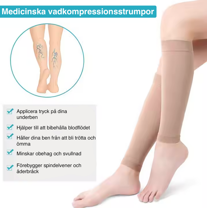 "Mjuka högelastiska ortopediska stödstrumpor i beige och svart för komfort, minskar svullnad och förbättrar blodcirkulationen