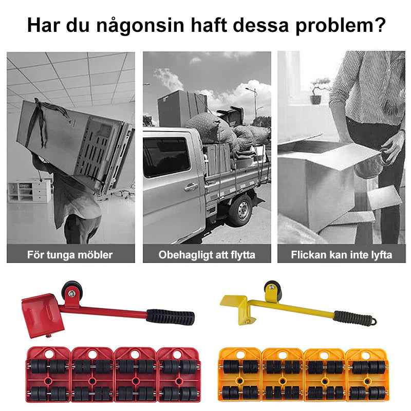 "Möbelflyttarsats med ergonomiskt handtag och vridbara hjul, idealisk för enkel förflyttning av tunga möbler i hem."