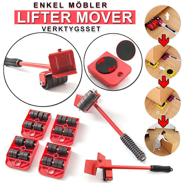 "Möbelflyttarsats med ergonomiskt handtag och vridbara hjul, idealisk för enkel förflyttning av tunga möbler i hem."