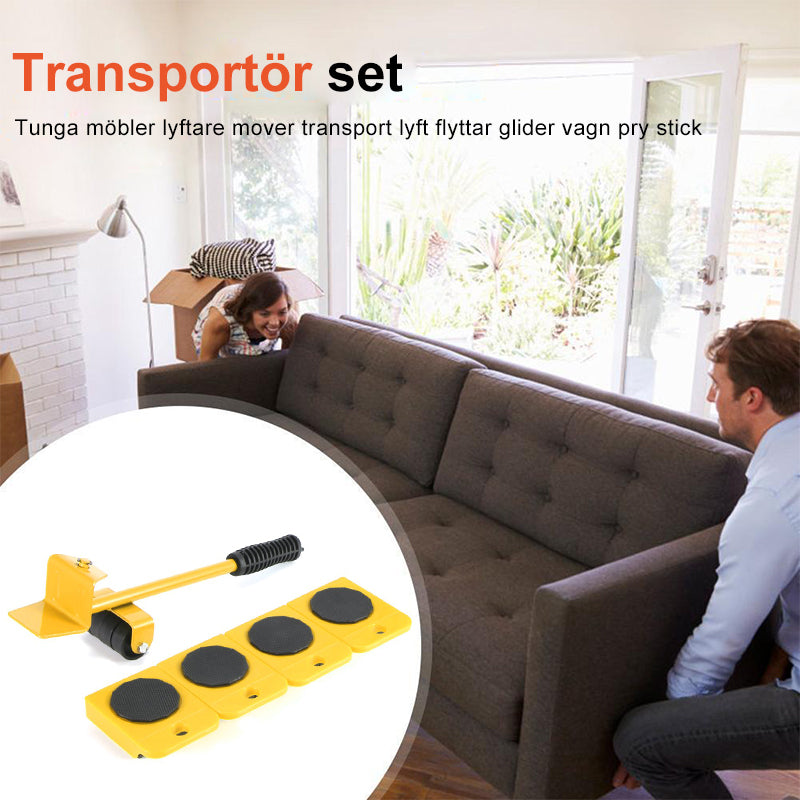 "Möbelflyttarsats med ergonomiskt handtag och vridbara hjul, idealisk för enkel förflyttning av tunga möbler i hem."