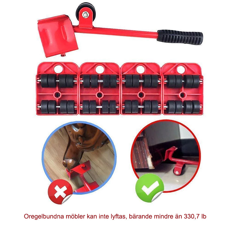 "Möbelflyttarsats med ergonomiskt handtag och vridbara hjul, idealisk för enkel förflyttning av tunga möbler i hem."