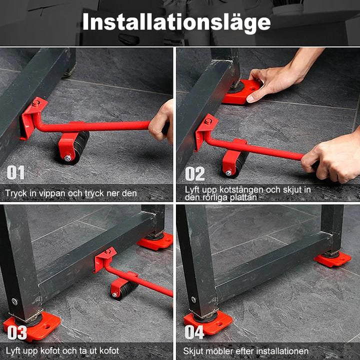 "Möbelflyttarsats med ergonomiskt handtag och vridbara hjul, idealisk för enkel förflyttning av tunga möbler i hem."