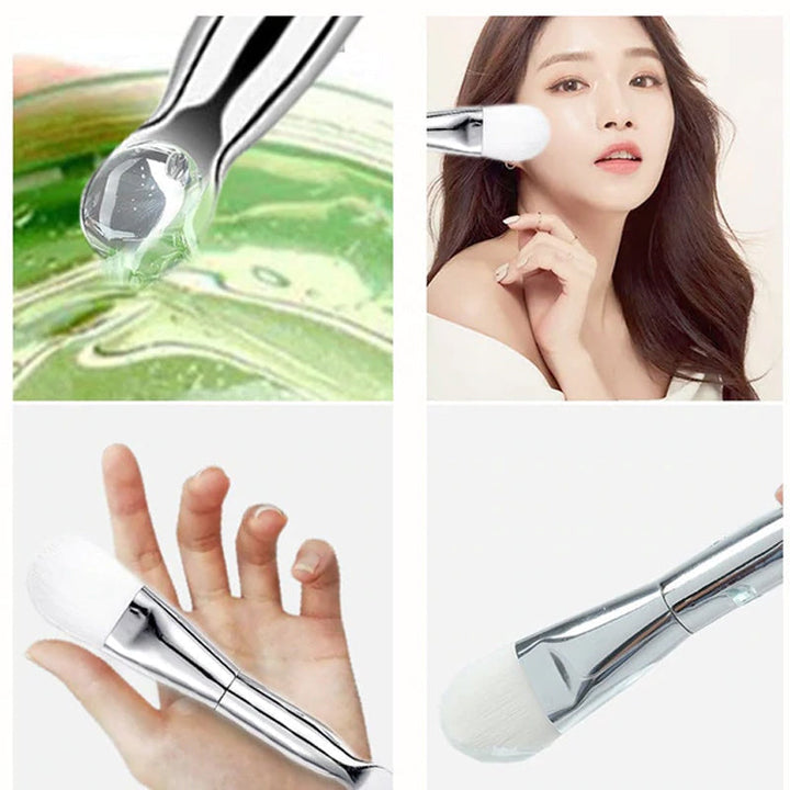 "Modern dispenserbehållare och maskborste i plast och silikon, perfekt för resor och daglig användning."