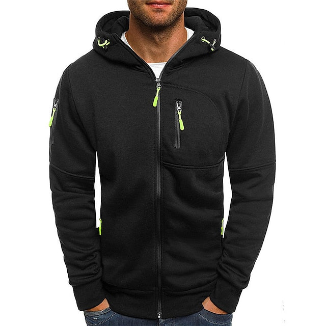 "Modern och bekväm herrhoodie i svart, med dubbel-lagerad huva, justerbart dragsnöre och känguruficka för stil och komfort."