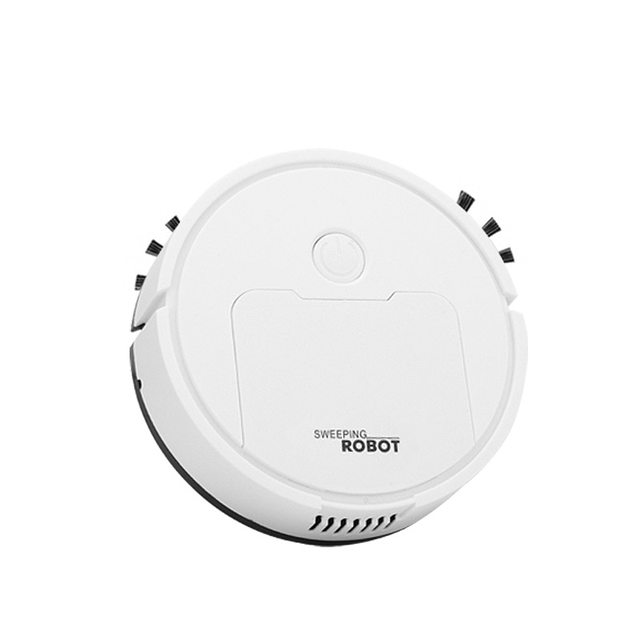 "Modern robotdammsugare med stark sugkraft, svart eller vit, kompakt design, anti-kollisionssensor, för alla golvtyper."