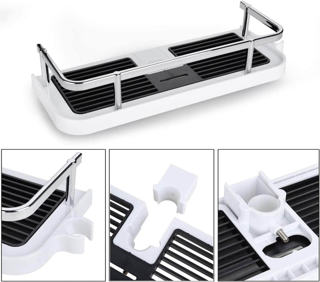 "Modernt duschrack i rostfritt material, kompakt och platsbesparande, perfekt för stilren och funktionell badrumsförvaring."