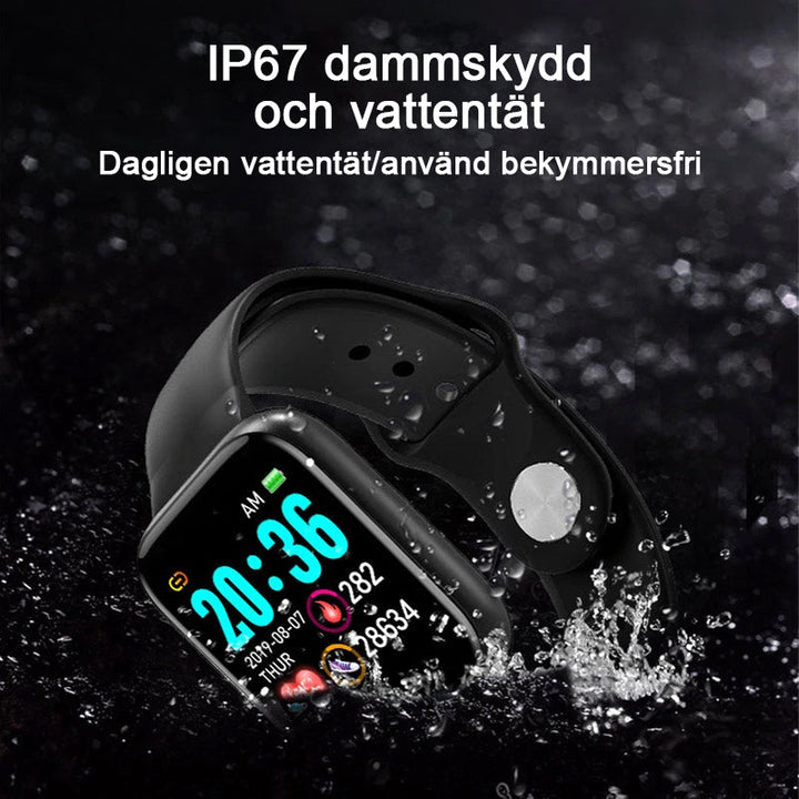 "Modernt IP67-vattentätt aktivitetsarmband i elegant svart design med pekskärm, perfekt för aktiv livsstil och hälsa."