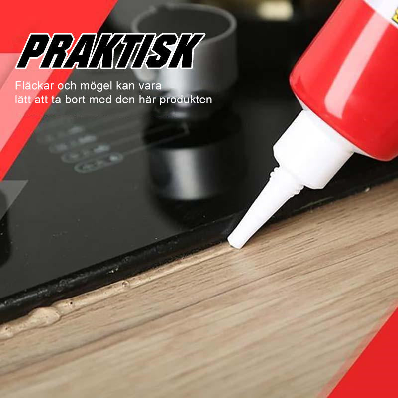 "Mögelborttagningsgel i genomskinlig flaska, effektiv mot mögelfläckar på kakel och fogar, giftfri, 18x6 cm storlek."