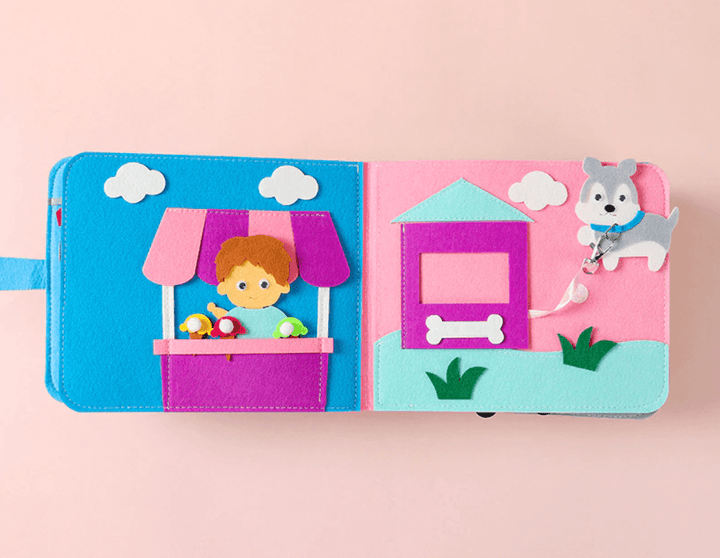 Barnleksaker: En sensorisk tygbok som hjälper barn att lära sig om färger och former.