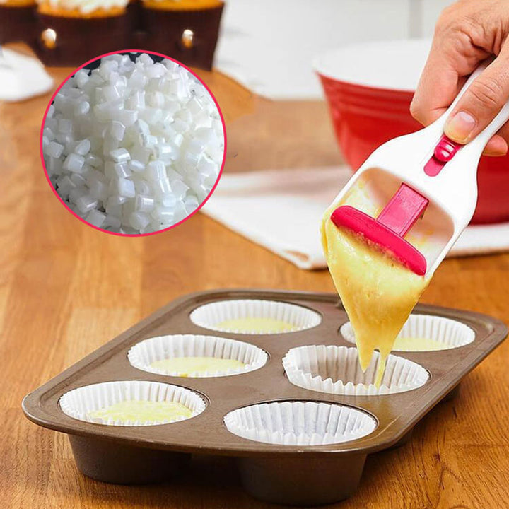 Muffin-skopa i silikon, ergonomisk design för exakt smetdosering utan spill, perfekt för muffins och cupcakes.