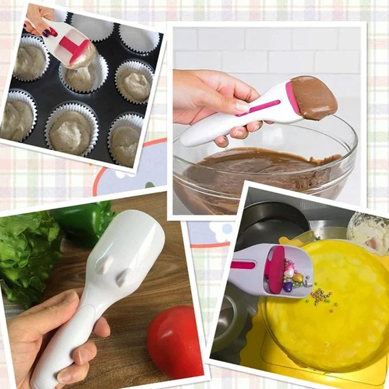 Muffin-skopa i silikon, ergonomisk design för exakt smetdosering utan spill, perfekt för muffins och cupcakes.