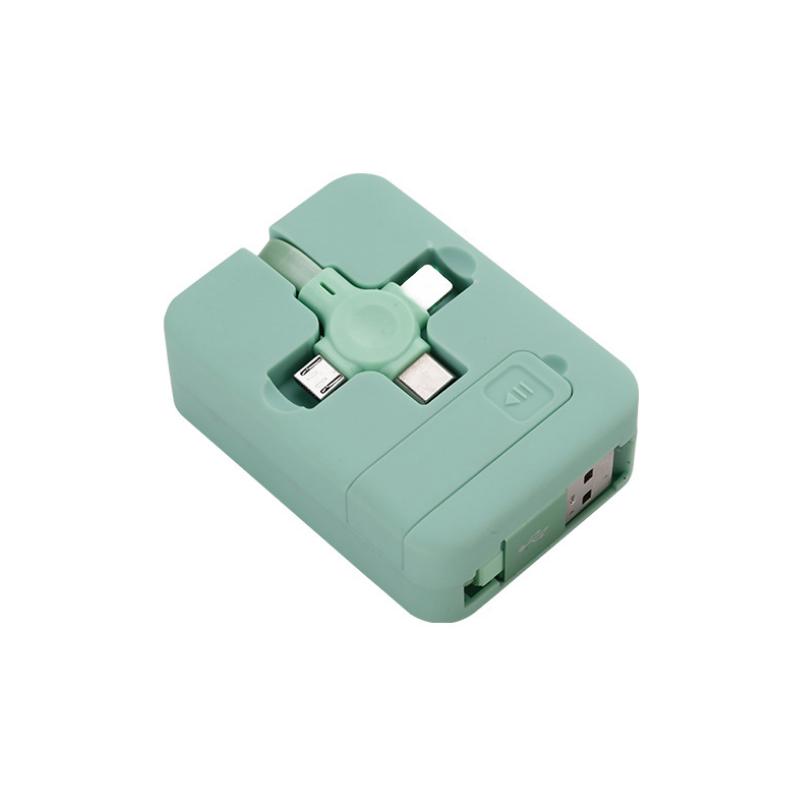 "Multifärgad 3-i-1 laddningsadapter, kompakt och flexibel design, passar iOS, Micro USB, Typ C, perfekt för resenärer."