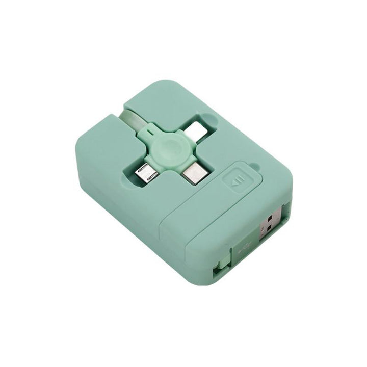 "Multifärgad 3-i-1 laddningsadapter, kompakt och flexibel design, passar iOS, Micro USB, Typ C, perfekt för resenärer."