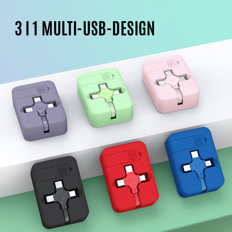 "Multifärgad 3-i-1 laddningsadapter, kompakt och flexibel design, passar iOS, Micro USB, Typ C, perfekt för resenärer."