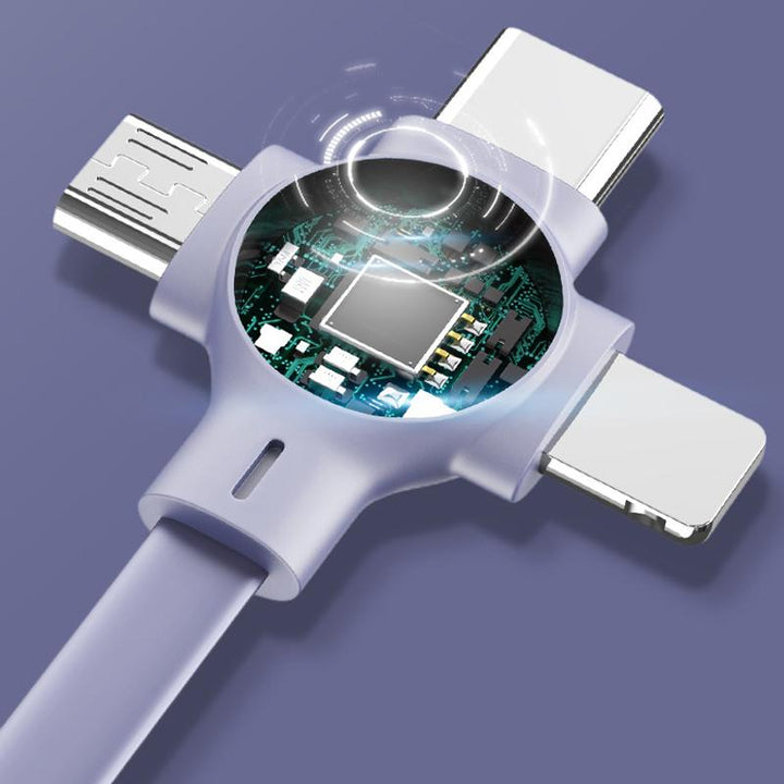 "Multifärgad 3-i-1 laddningsadapter, kompakt och flexibel design, passar iOS, Micro USB, Typ C, perfekt för resenärer."