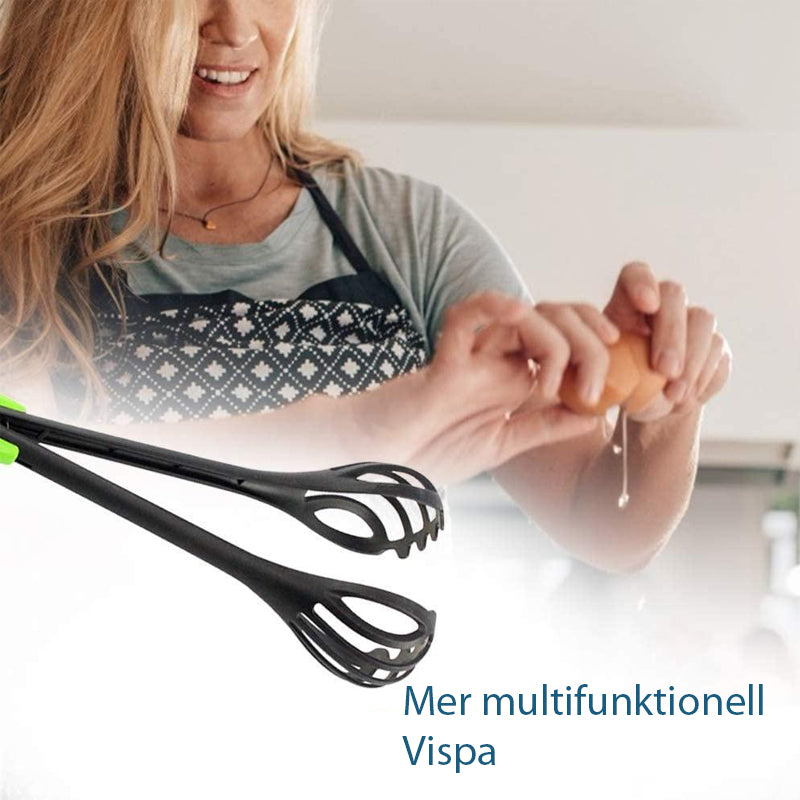 "Multifunktionell 2-i-1 ballongvisp och kökstång i silikonvisar grön, röd och svart färg i modernt köksmiljö."