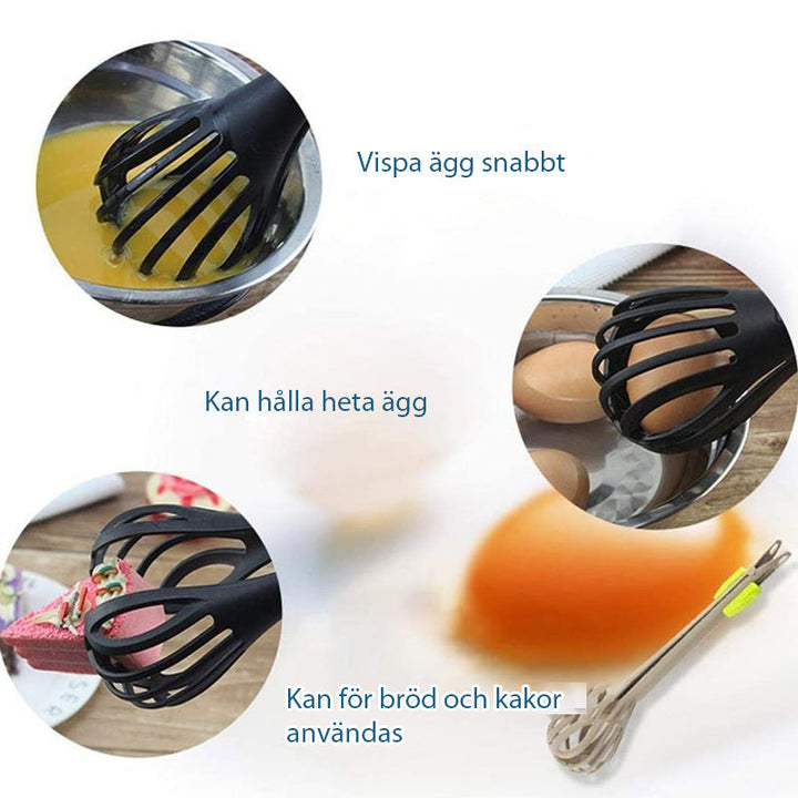 "Multifunktionell 2-i-1 ballongvisp och kökstång i silikonvisar grön, röd och svart färg i modernt köksmiljö."