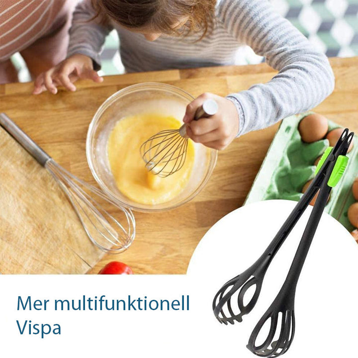"Multifunktionell 2-i-1 ballongvisp och kökstång i silikonvisar grön, röd och svart färg i modernt köksmiljö."