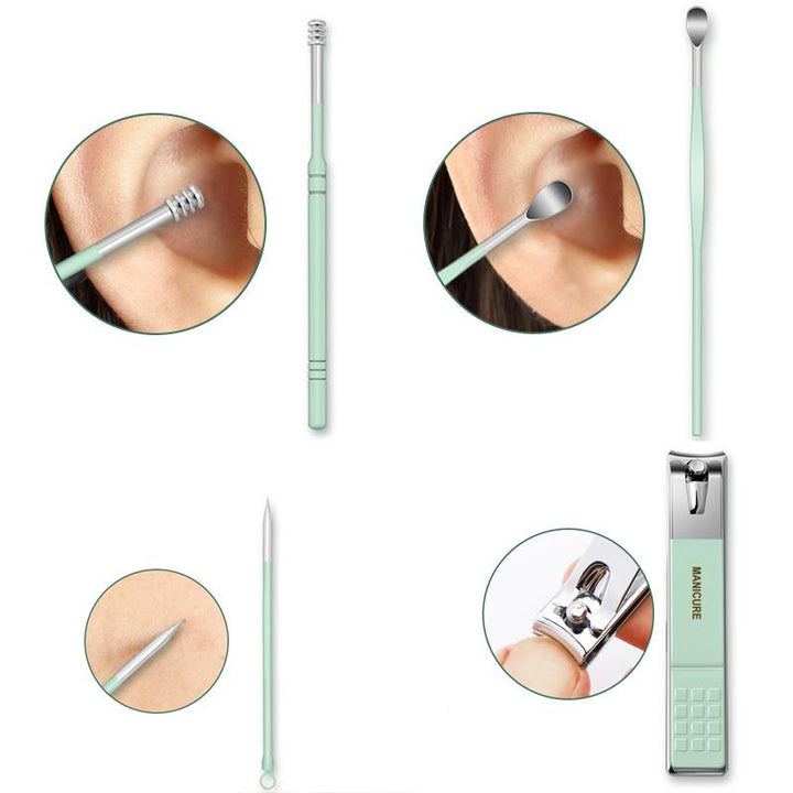 "Multifunktionell bärbar nagelklippare set i rostfritt stål, i gul, rosa, grön och blå, med elegant PU-läderfodral."