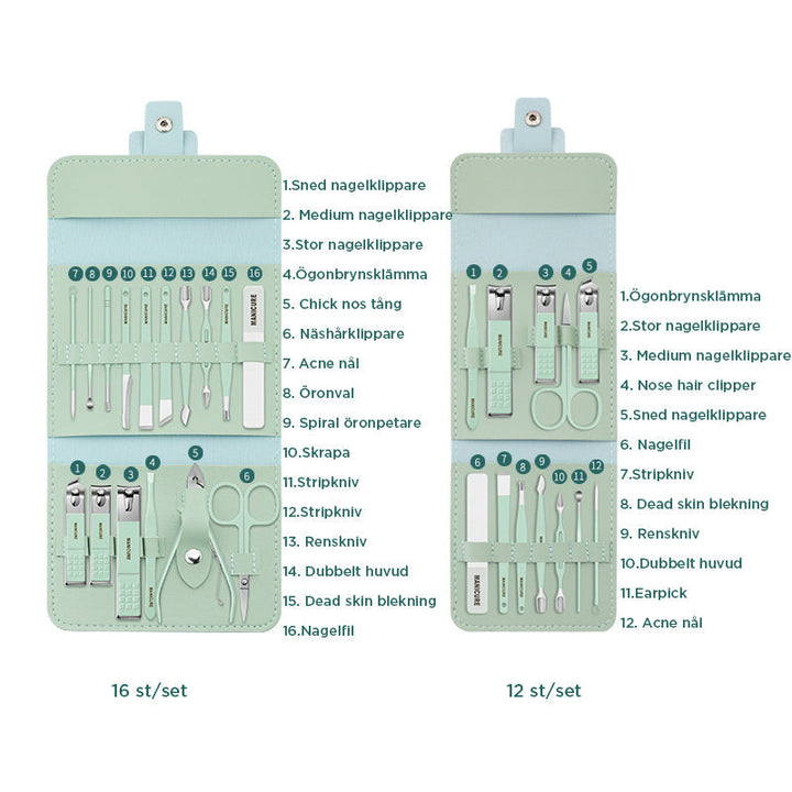 "Multifunktionell bärbar nagelklippare set i rostfritt stål, i gul, rosa, grön och blå, med elegant PU-läderfodral."