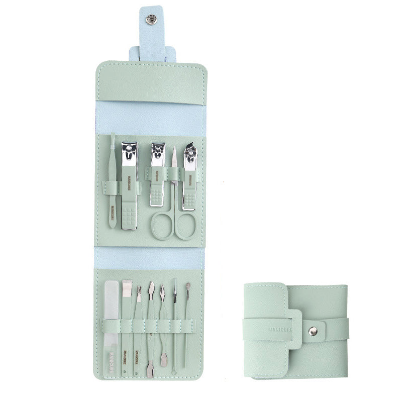 "Multifunktionell bärbar nagelklippare set i rostfritt stål, i gul, rosa, grön och blå, med elegant PU-läderfodral."
