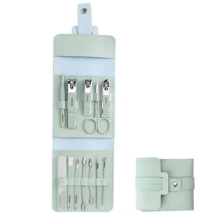 "Multifunktionell bärbar nagelklippare set i rostfritt stål, i gul, rosa, grön och blå, med elegant PU-läderfodral."