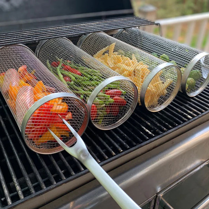 "Multifunktionell BBQ grillkorg i rostfritt stål, robust och slitstark, idealisk för grönsaker och kötträtter på grillen."