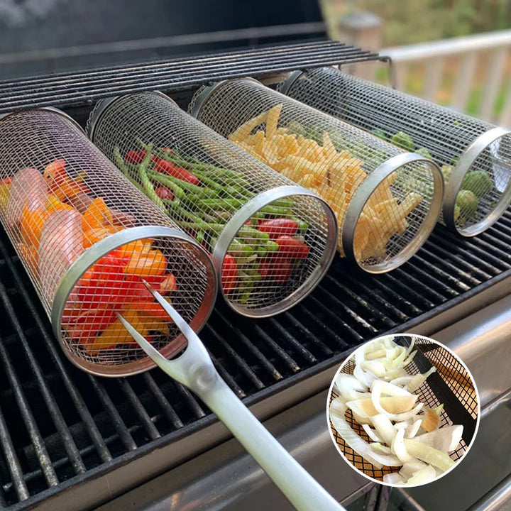 "Multifunktionell BBQ grillkorg i rostfritt stål, robust och slitstark, idealisk för grönsaker och kötträtter på grillen."
