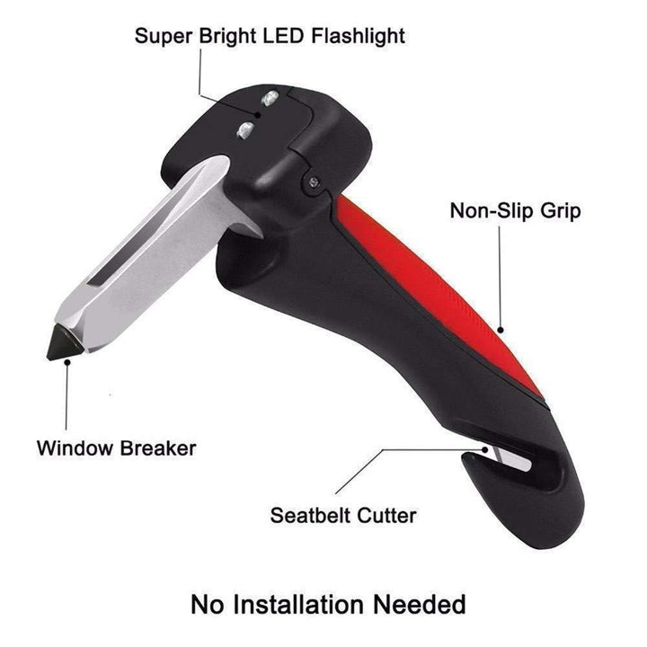 "Multifunktionell bilnödhammare med bältesskärare & LED-ljus, kompakt design, aluminium, säkerhet för bilresor."