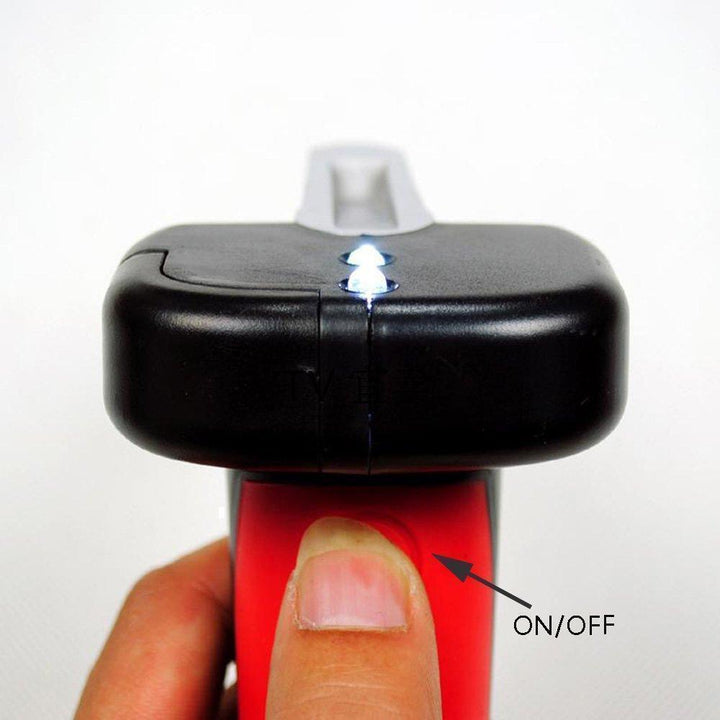 "Multifunktionell bilnödhammare med bältesskärare & LED-ljus, kompakt design, aluminium, säkerhet för bilresor."