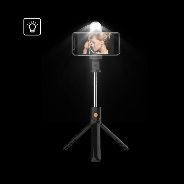 "Multifunktionell Bluetooth-fjärrkontroll Selfie-hållare med stativ och inbyggt fyllningsljus för enkla och stiliga selfies."