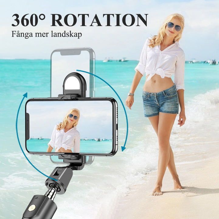 "Multifunktionell Bluetooth-fjärrkontroll Selfie-hållare med stativ och inbyggt fyllningsljus för enkla och stiliga selfies."