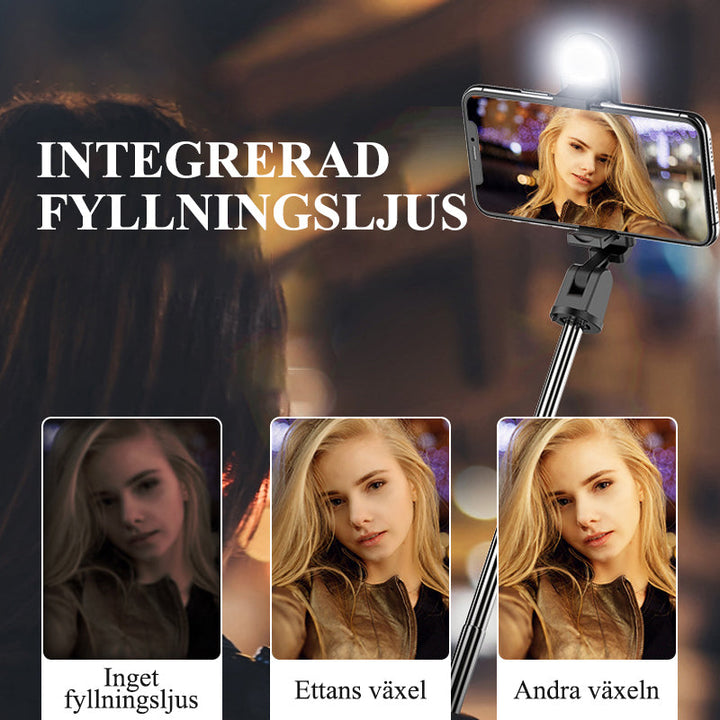 "Multifunktionell Bluetooth-fjärrkontroll Selfie-hållare med stativ och inbyggt fyllningsljus för enkla och stiliga selfies."