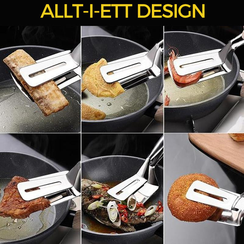 "Multifunktionell dubbelsidig spadeklämma i rostfritt stål, idealisk för köksanvändning. Perfekt för att vända och servera ma