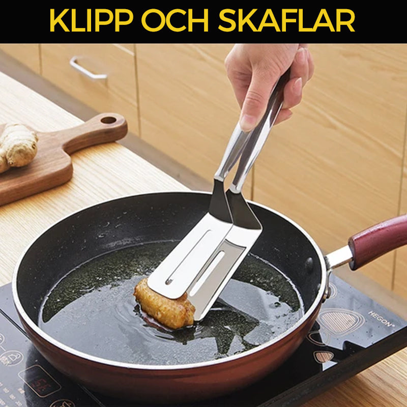 "Multifunktionell dubbelsidig spadeklämma i rostfritt stål, idealisk för köksanvändning. Perfekt för att vända och servera ma