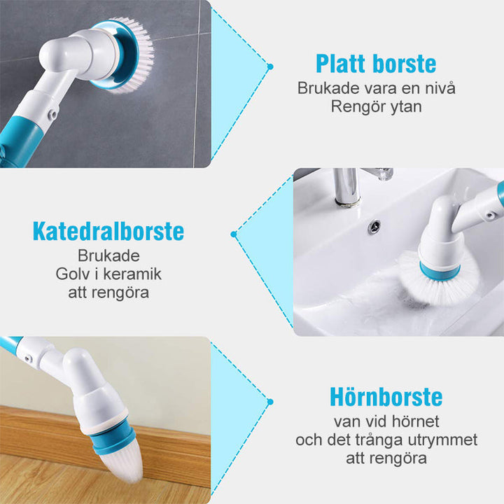 "Multifunktionell elektrisk rengöringsborste med justerbart skaft, flera borsthuvuden och vattentålig design för enkel städni