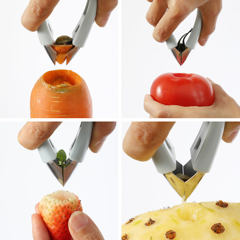 "Multifunktionell fruktpincett i rostfritt stål; ergonomisk design, finns i blå och orange. Perfekt för frukthantering."