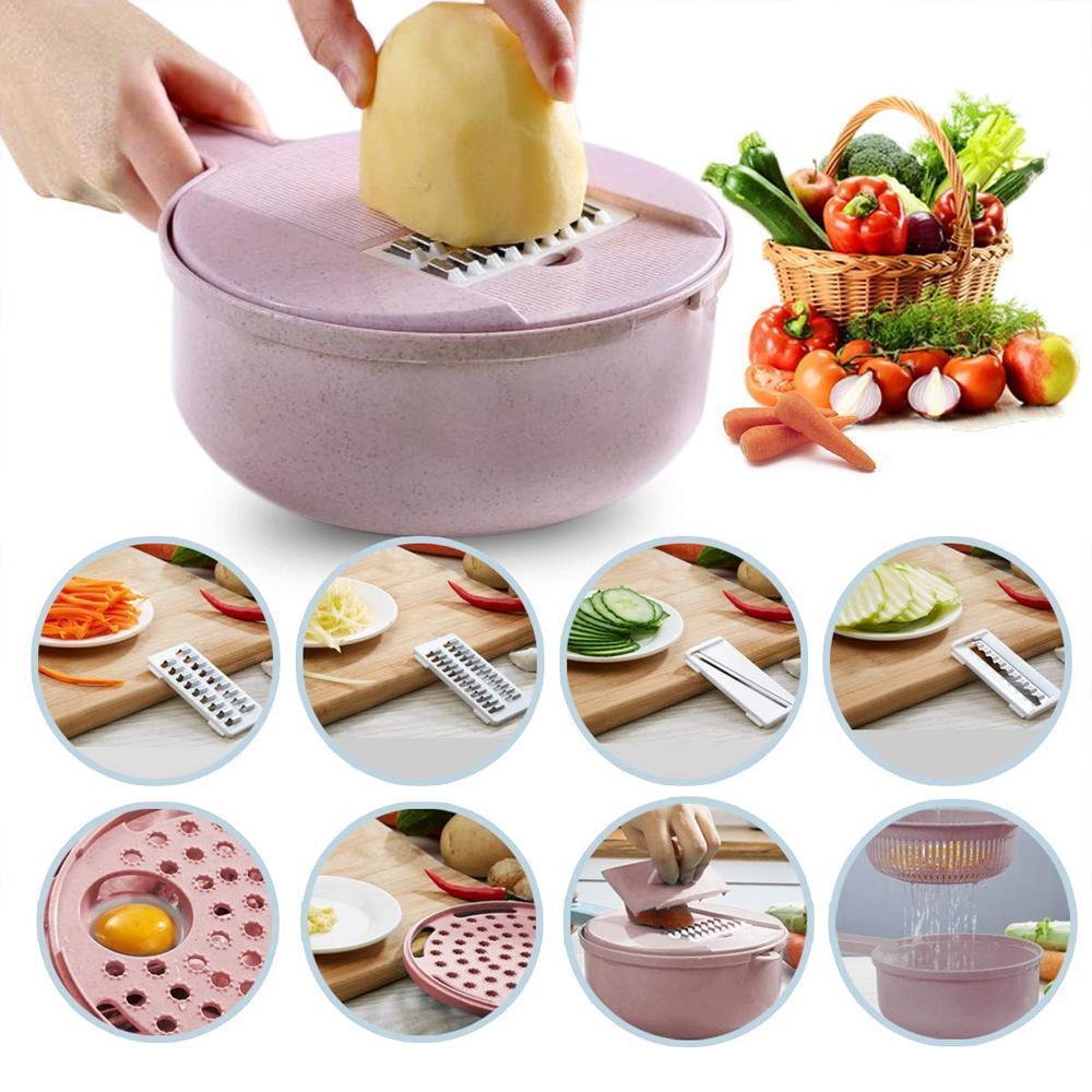 "Multifunktionell grönsaksskärare i blått och rosa med rostfritt stålblad, idealisk för snabb och enkel köksberedning."
