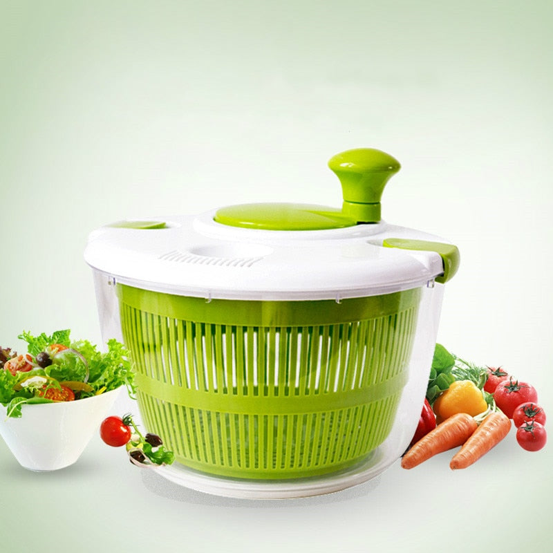 "Multifunktionell grönsaksspinnare, BPA-fri, 5L kapacitet, elegant design, i plast, perfekt för sallad och köksanvändning."